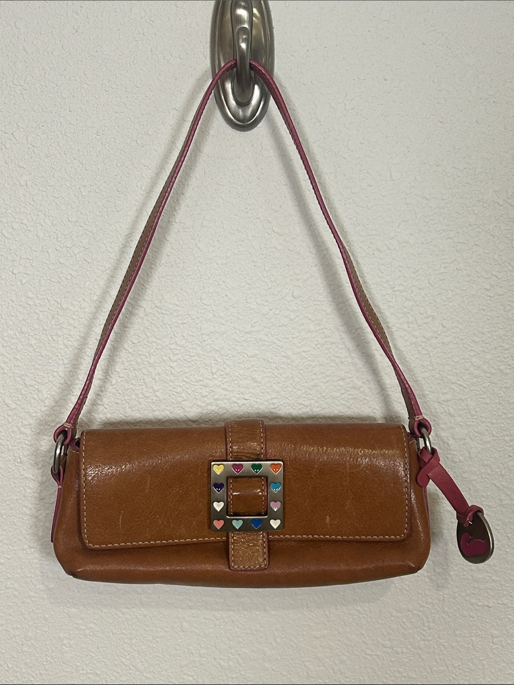 VTG Y2K Dooney & Bourke Square Hearts Brown Leather Baguette Shoulder Bag 2004